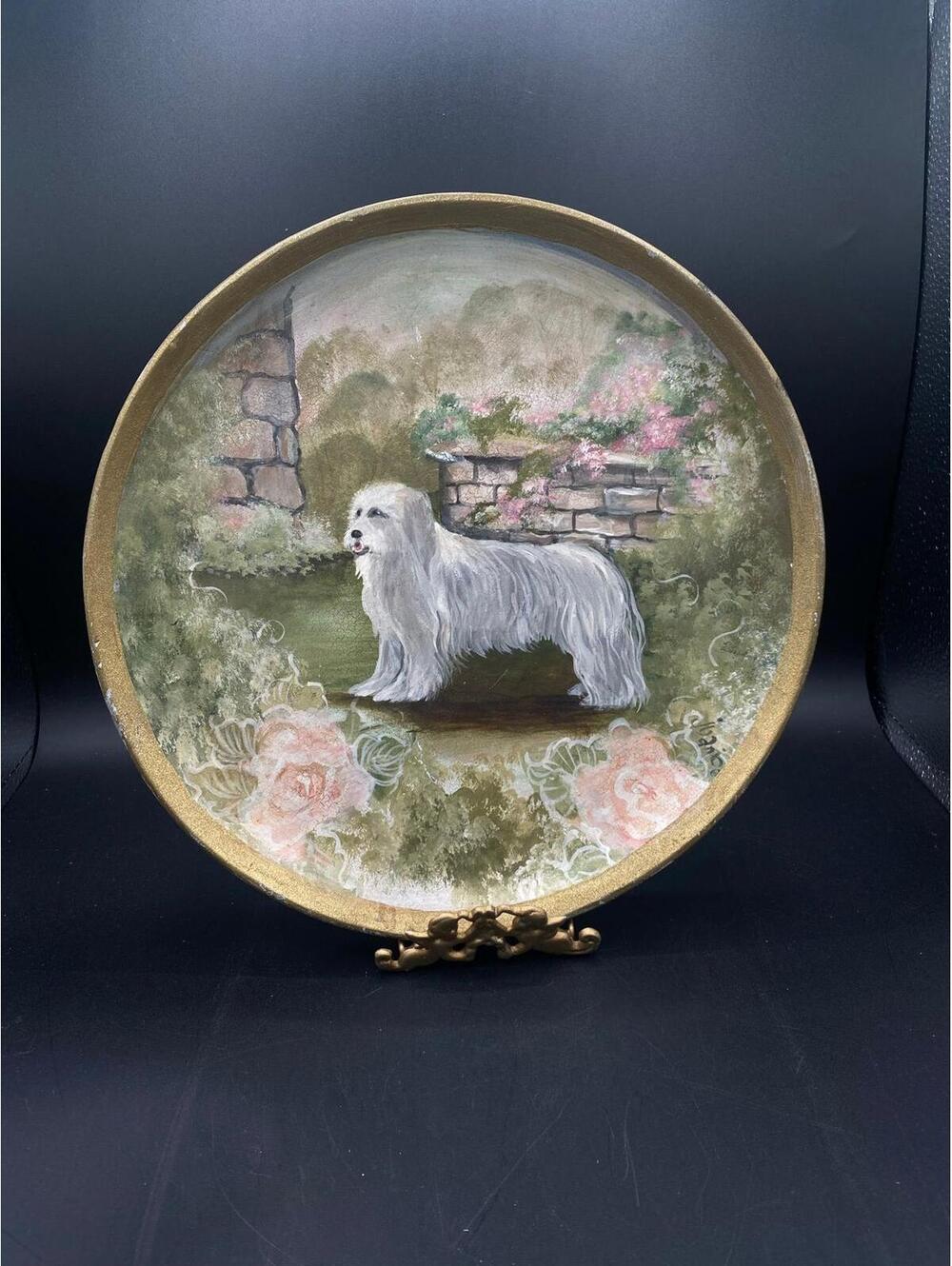 Hand Painted Maltese Dog Decorative Plate Wood Back Gold Rim Cottage Wall Art